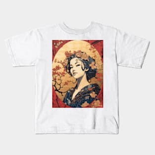 Vintage Rose Blossoms Japanese Woodblock Maple Streetwear Hipster Asian Inspired Retro Manga Samurai Calendula Kids T-Shirt